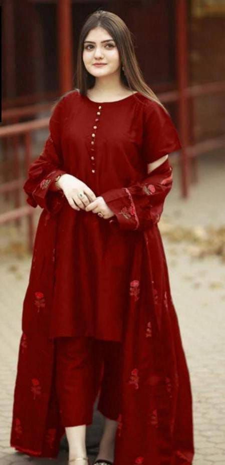 Fancy stitched 3 pieces embroidery silk gown style dress for girls