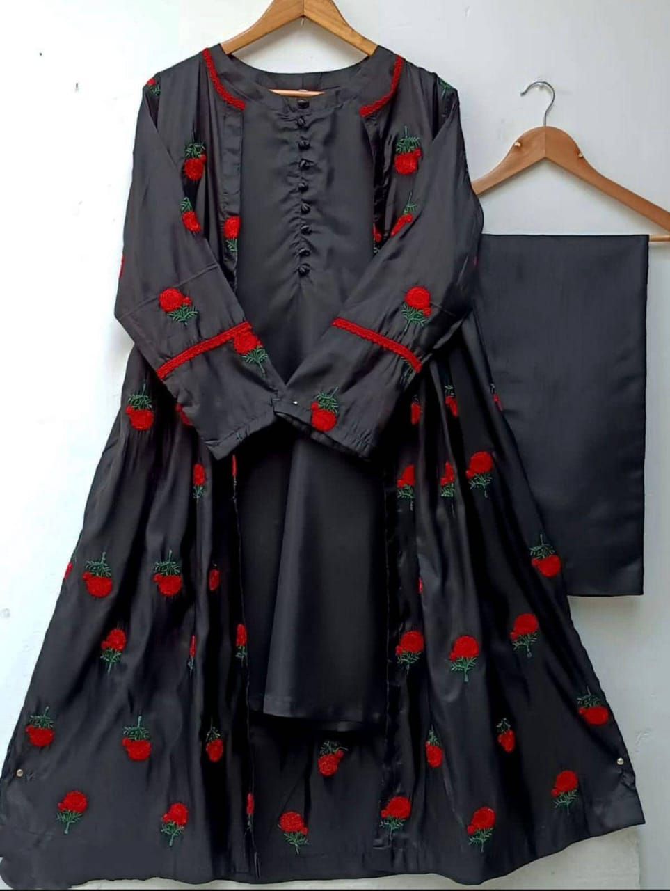 Fancy stitched 3 pieces embroidery silk gown style dress for girls