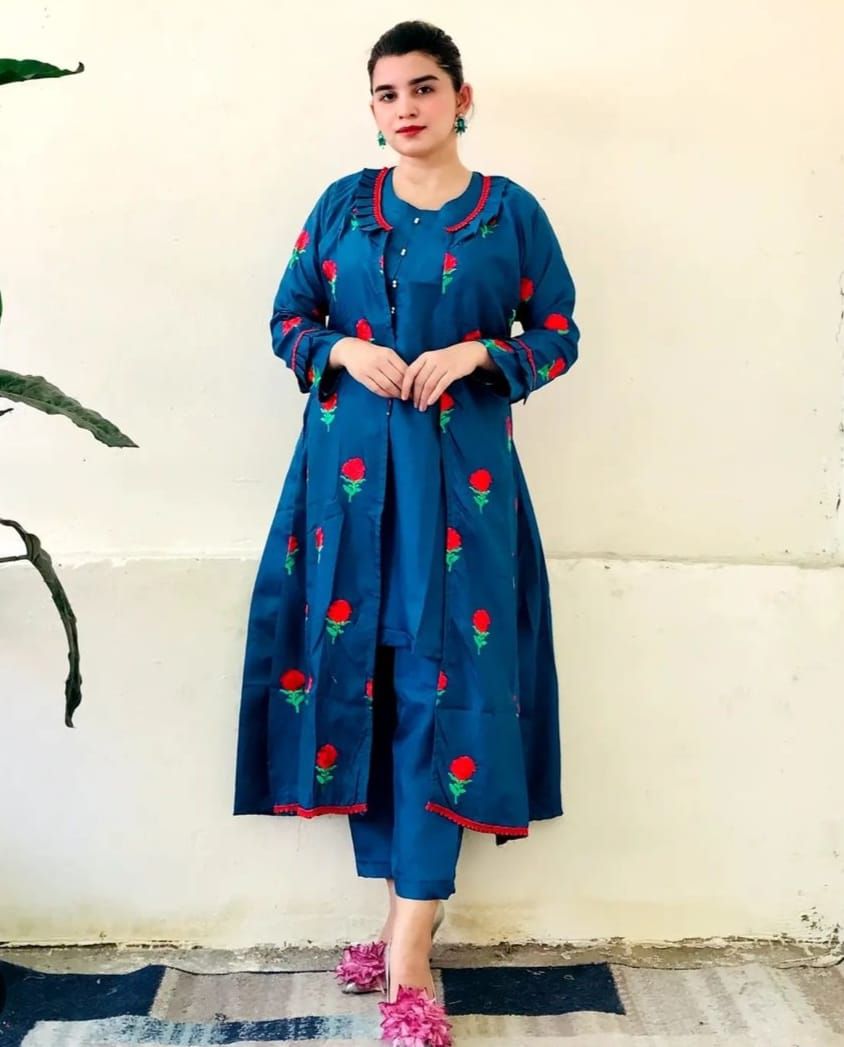 Fancy stitched 3 pieces embroidery silk gown style dress for girls