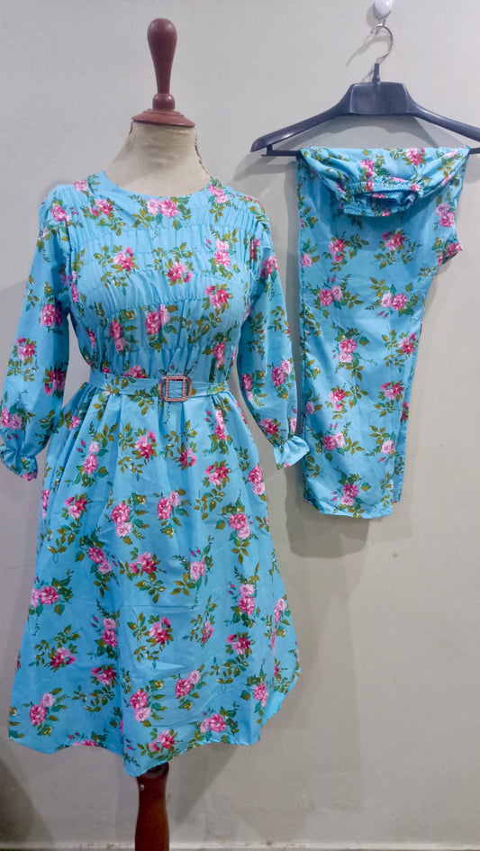 Floral Super Long length Digital Print Cotton frill maxi 2 Pieces - High Quality