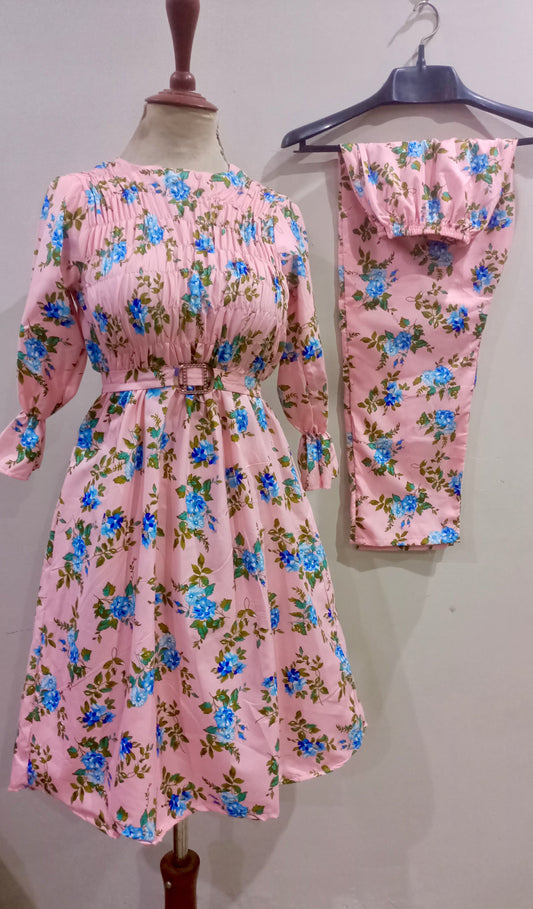 Floral Super Long length Digital Print Cotton frill maxi 2 Pieces - High Quality