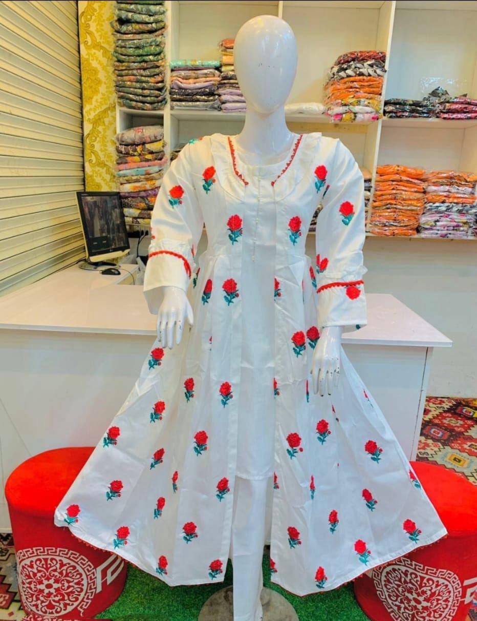 Fancy stitched 3 pieces embroidery silk gown style dress for girls